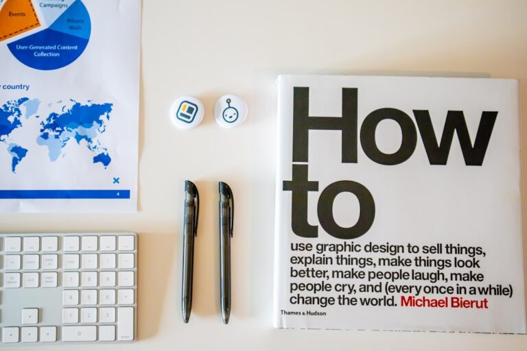 a magazine sitting on top of a desk next to a keyboard