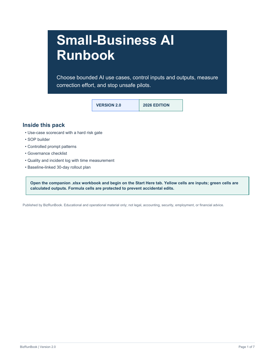 Actual Small-Business AI Runbook Version 2.0 guide cover