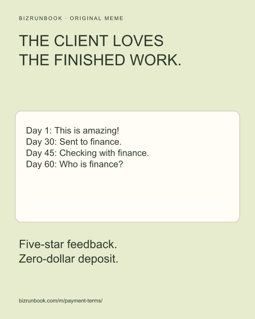 A freelancer checks an overdue invoice after a client celebrates the finished work.